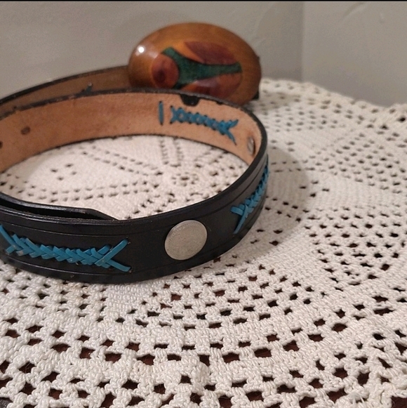 Abstract Wood & Turquoise inlay Stone Buckle Black Leather Belt Turquoise Stitch main image 7